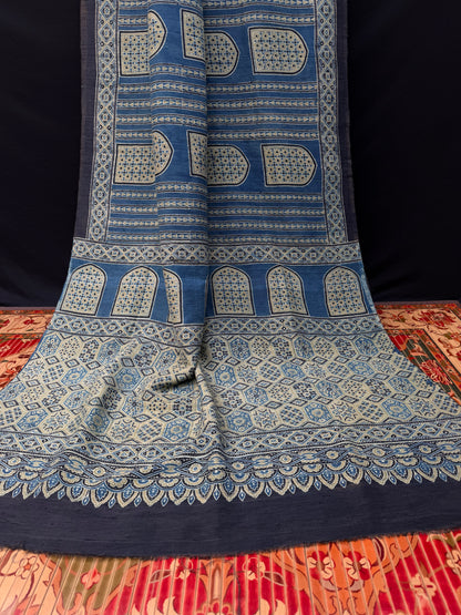 Handblock printed Ajrakh on raw silk sarees