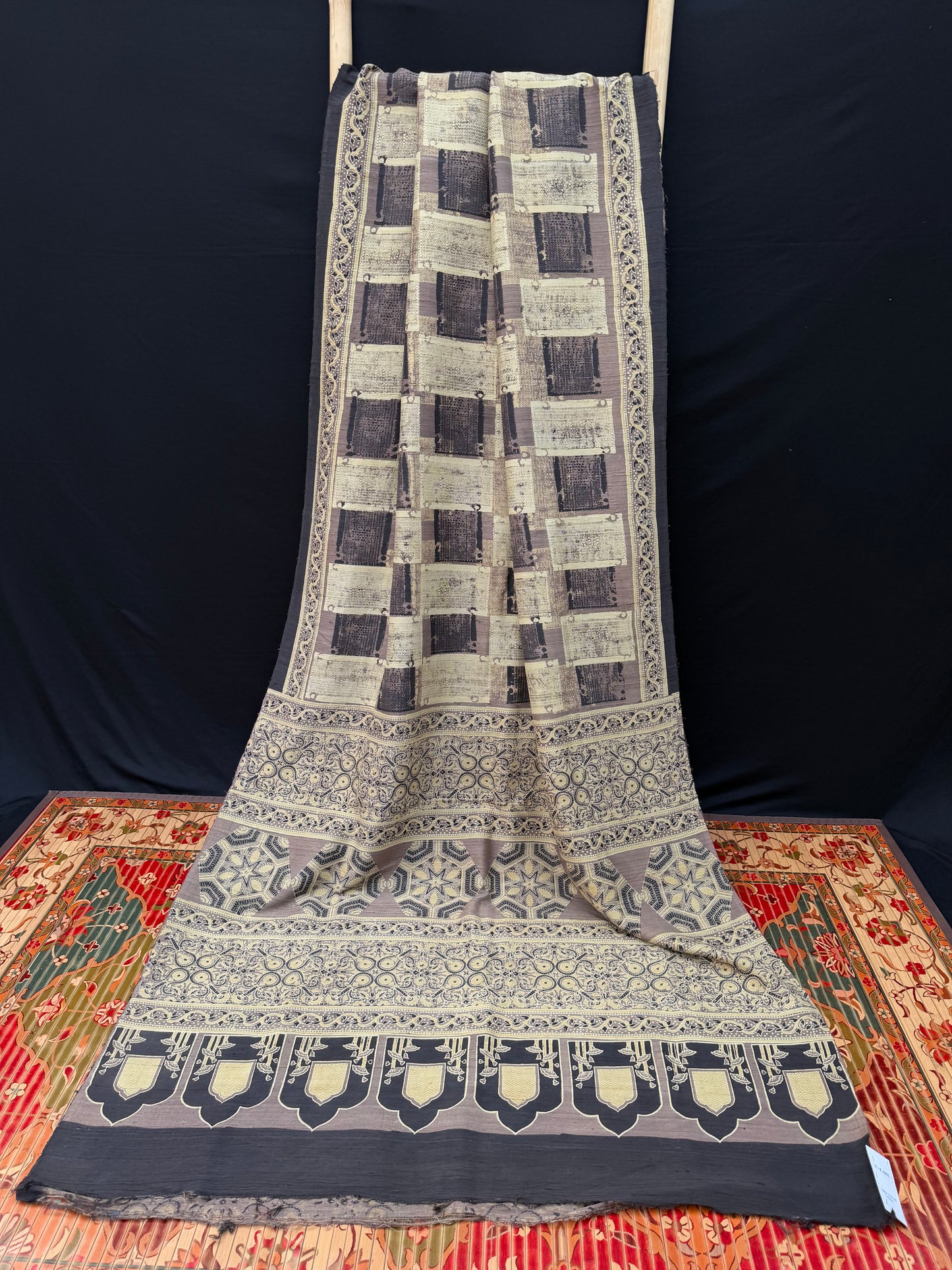 Handblock printed Ajrakh on raw silk sarees