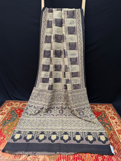 Handblock printed Ajrakh on raw silk sarees