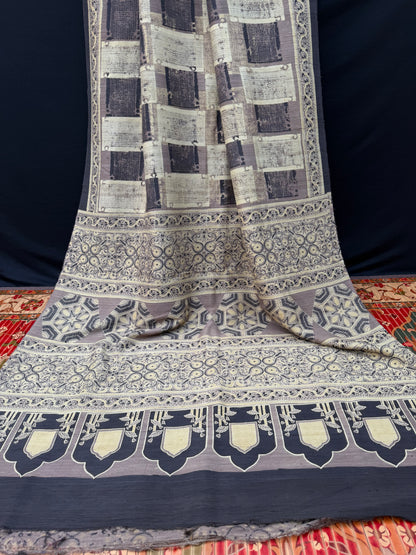 Handblock printed Ajrakh on raw silk sarees