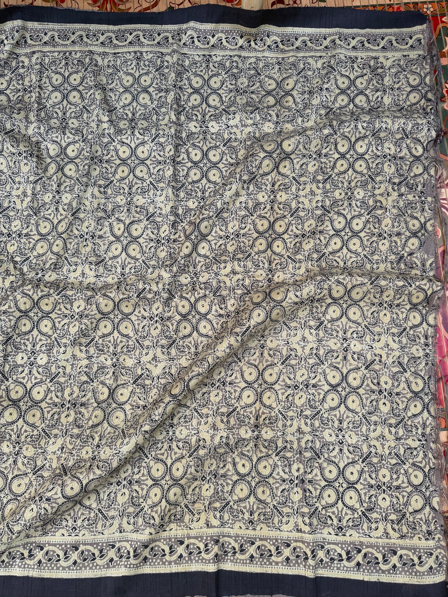 Handblock printed Ajrakh on raw silk sarees
