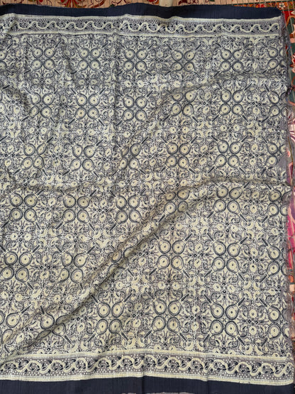 Handblock printed Ajrakh on raw silk sarees