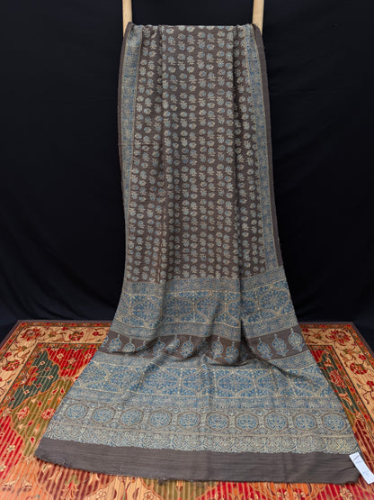 Handblock printed Ajrakh on raw silk sarees