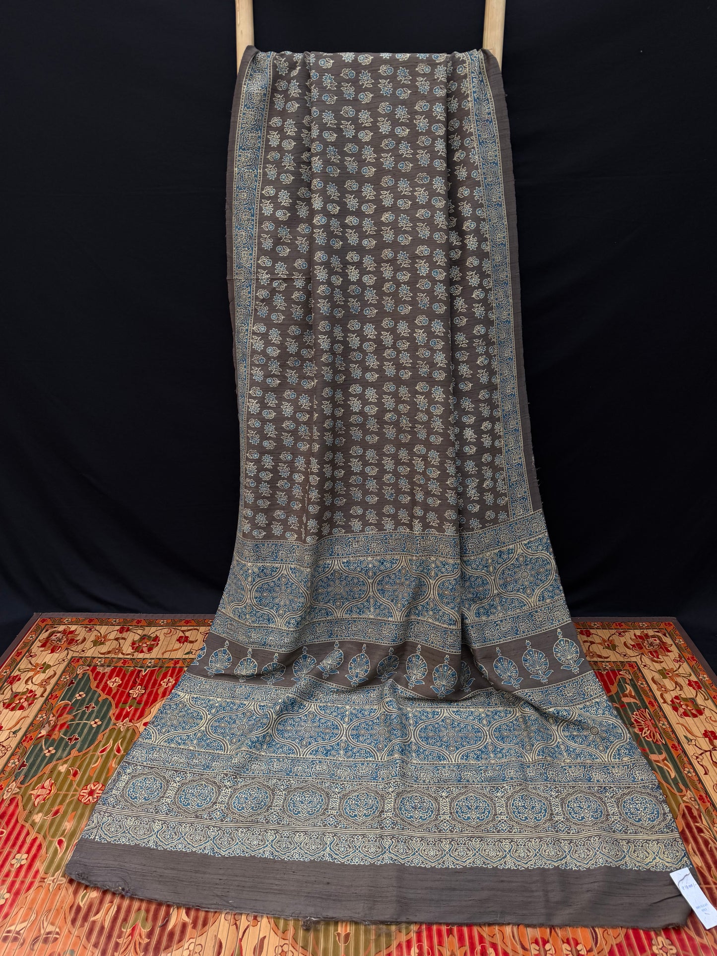 Handblock printed Ajrakh on raw silk sarees