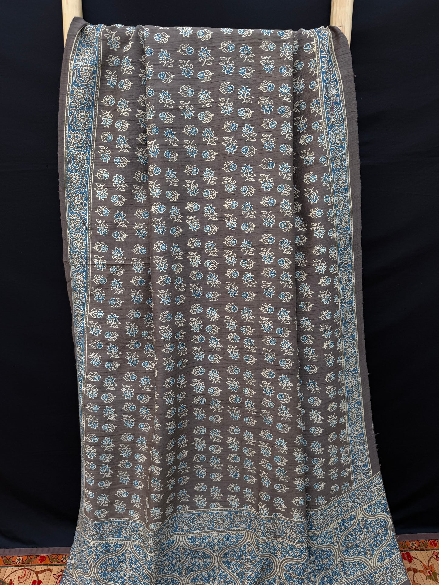 Handblock printed Ajrakh on raw silk sarees