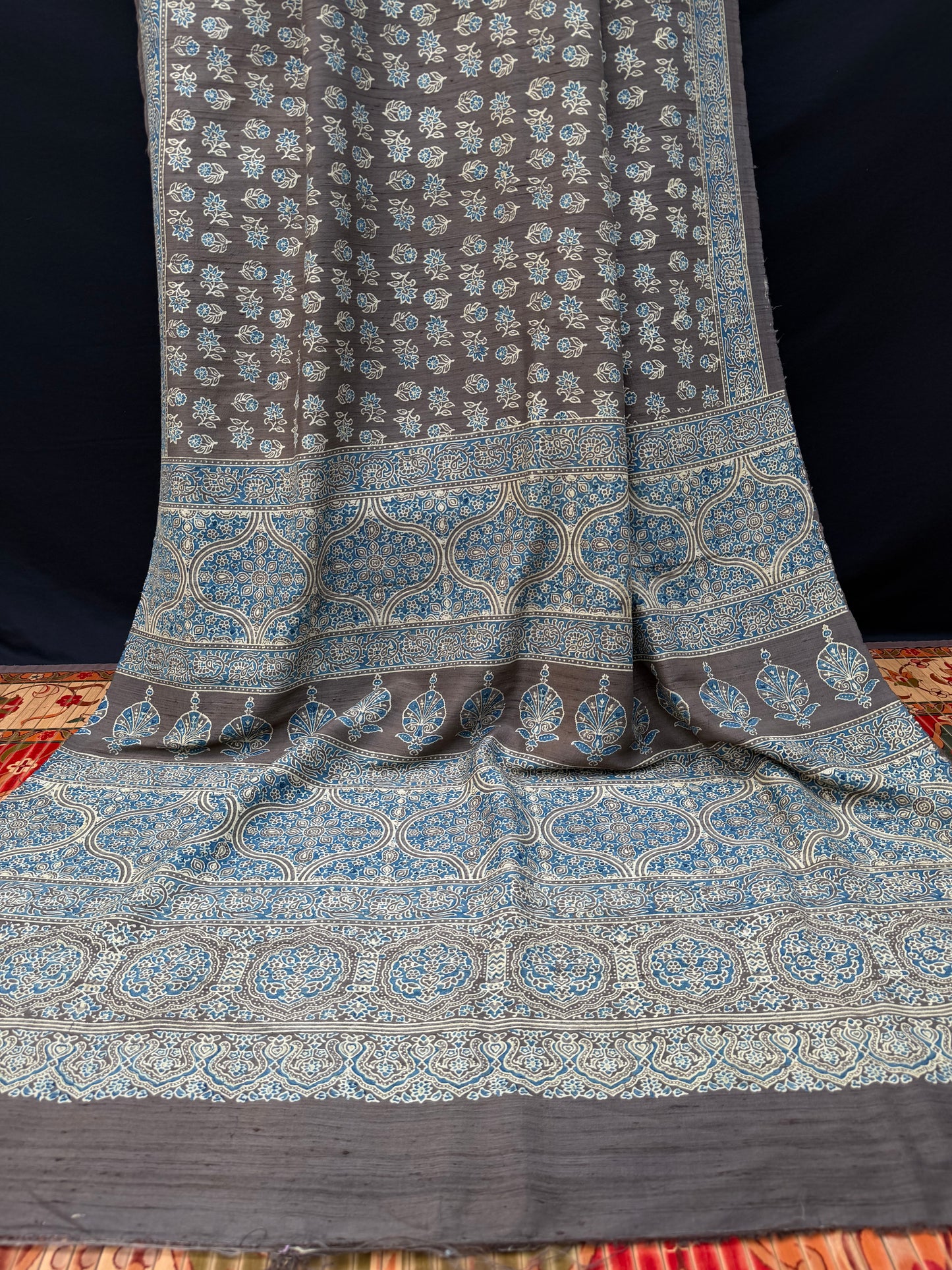 Handblock printed Ajrakh on raw silk sarees