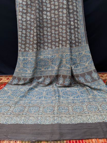 Handblock printed Ajrakh on raw silk sarees