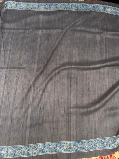 Handblock printed Ajrakh on raw silk sarees