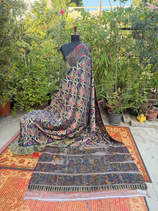 Pure Silk Hand Woven Ikkat With Penkalamkari saree
