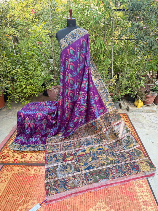 Pure Silk Hand Woven Ikkat With Penkalamkari saree