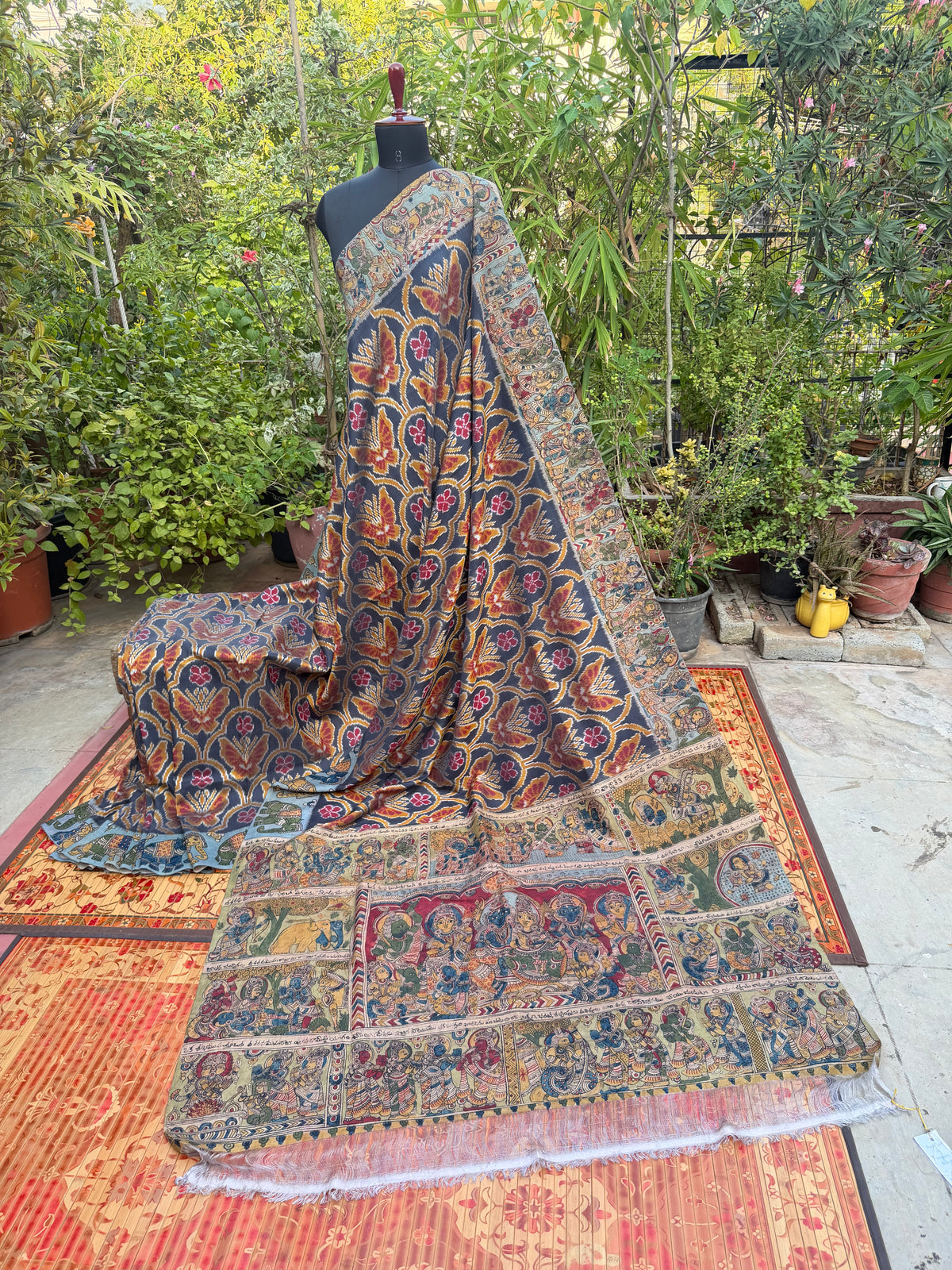 Pure Silk Hand Woven Ikkat With Penkalamkari saree