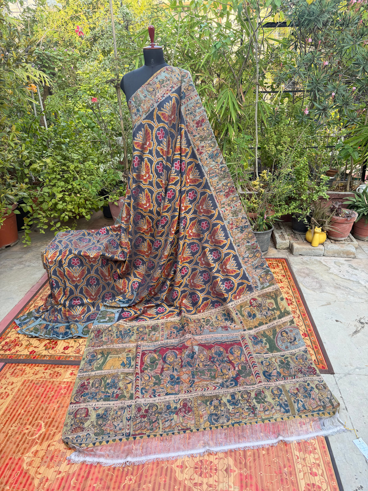 Pure Silk Hand Woven Ikkat With Penkalamkari saree