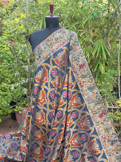 Pure Silk Hand Woven Ikkat With Penkalamkari saree