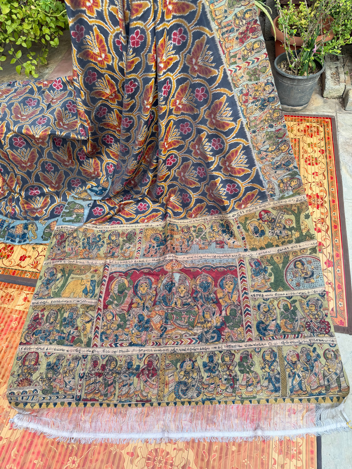 Pure Silk Hand Woven Ikkat With Penkalamkari saree