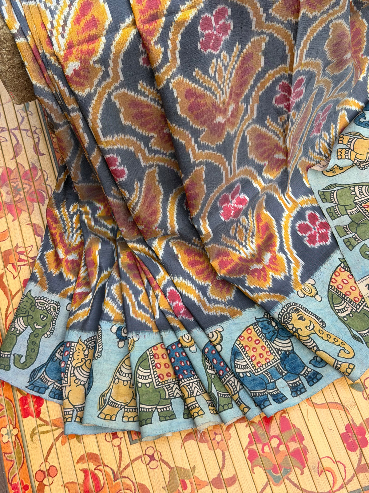 Pure Silk Hand Woven Ikkat With Penkalamkari saree