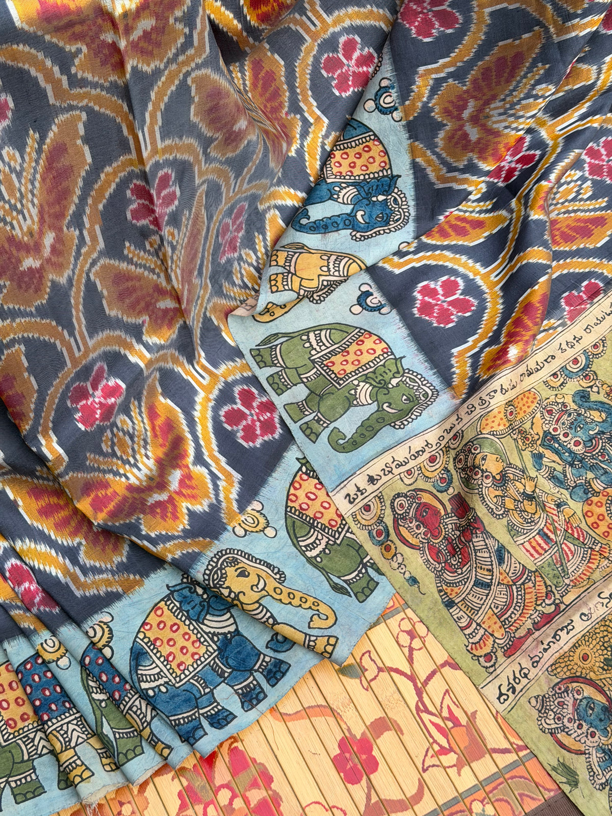 Pure Silk Hand Woven Ikkat With Penkalamkari saree