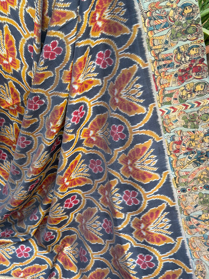 Pure Silk Hand Woven Ikkat With Penkalamkari saree