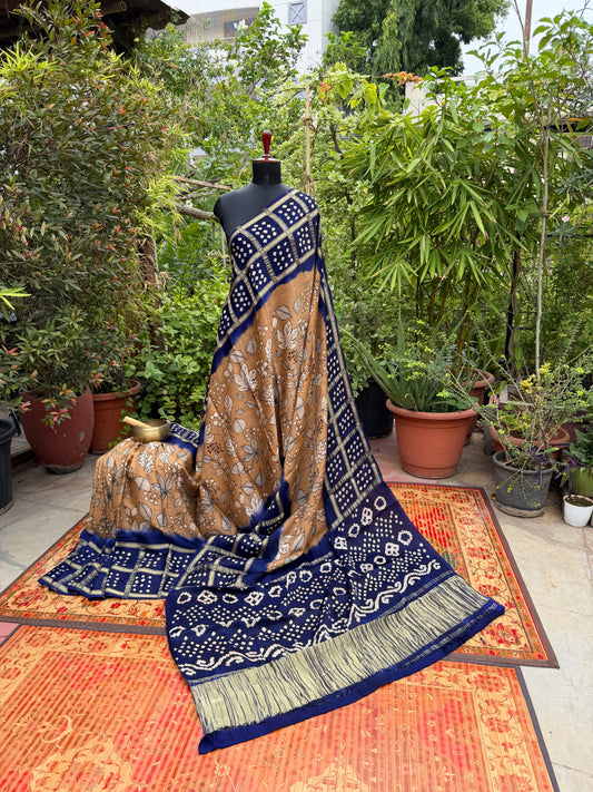 Modal silk bandini with penkalamkari saree