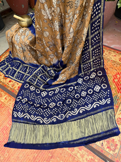 Modal silk bandini with penkalamkari saree