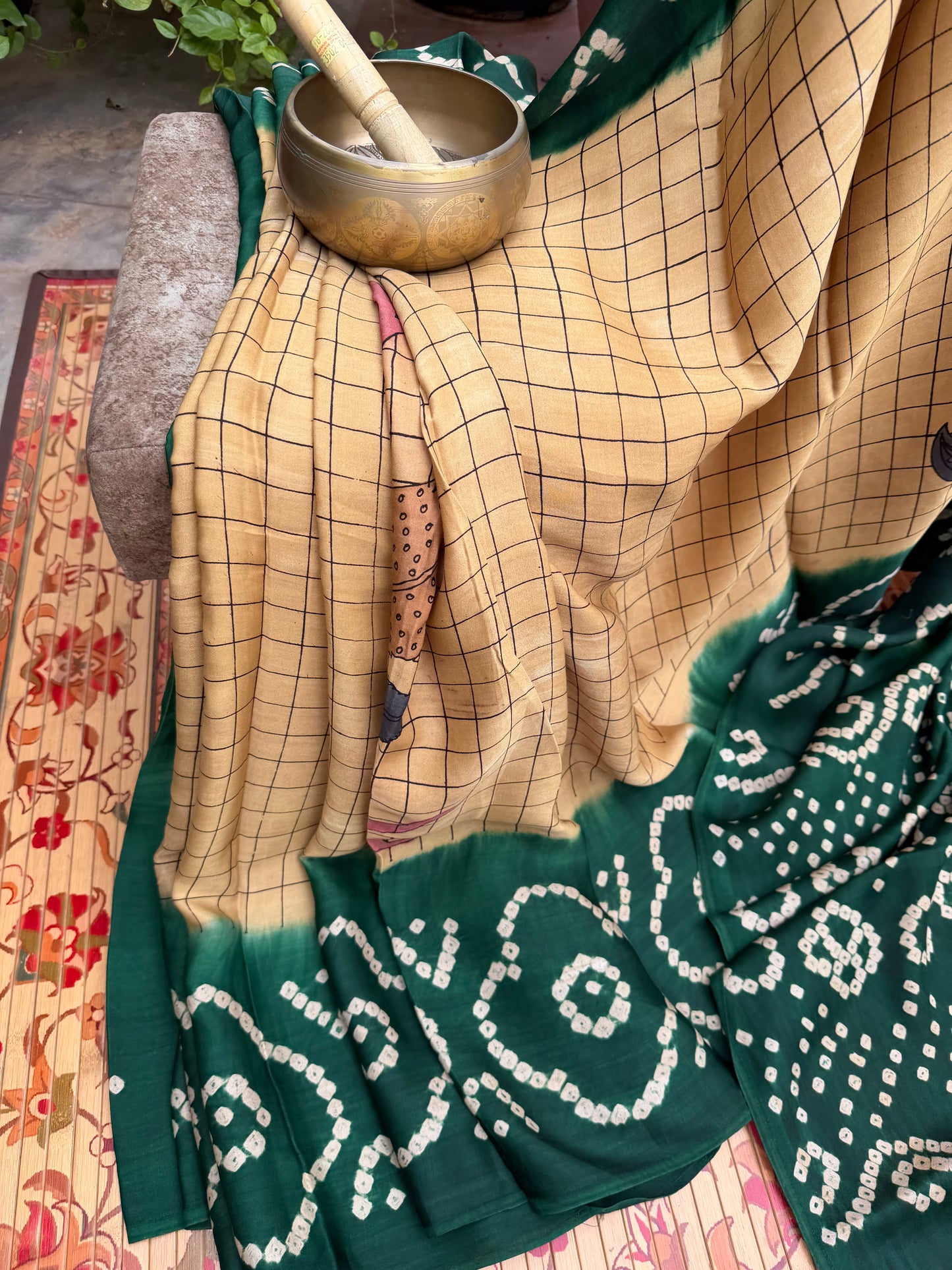 Modal silk bandini with penkalamkari saree