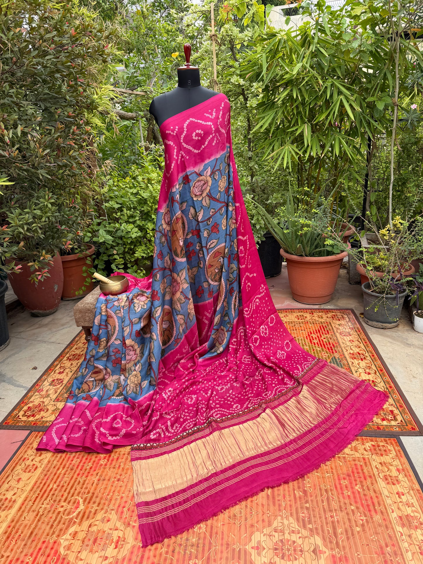 Modal silk bandini with penkalamkari saree
