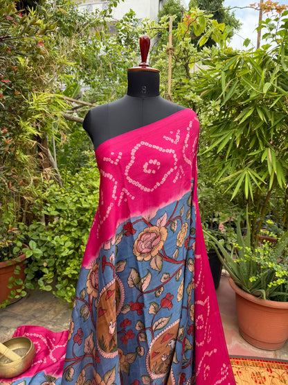Modal silk bandini with penkalamkari saree
