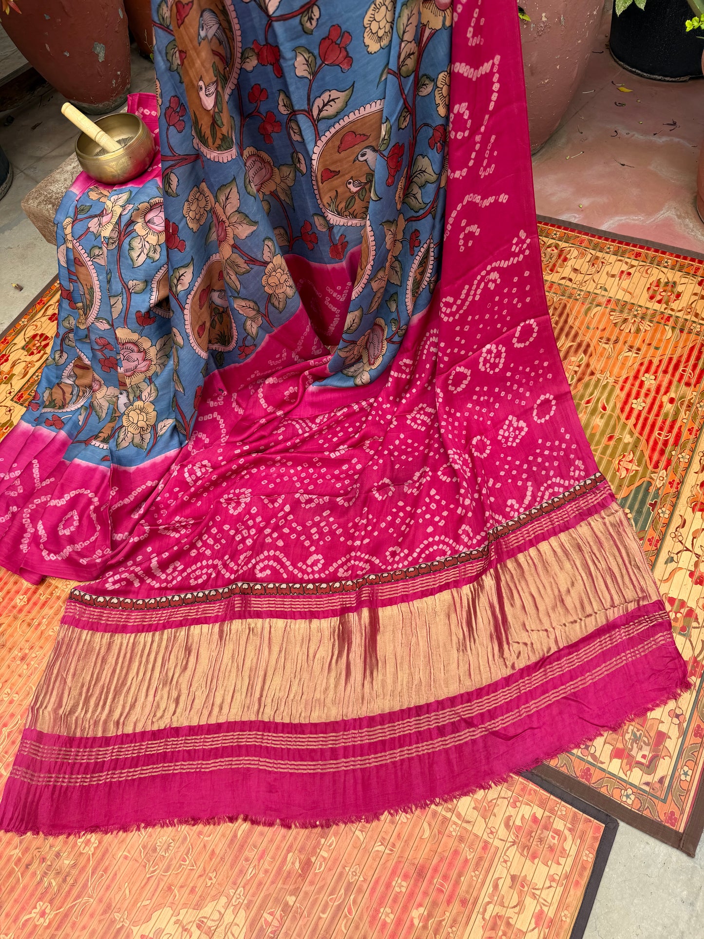 Modal silk bandini with penkalamkari saree
