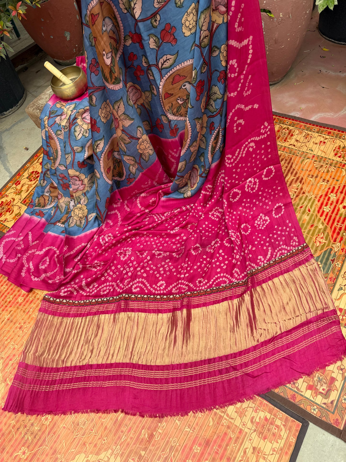 Modal silk bandini with penkalamkari saree