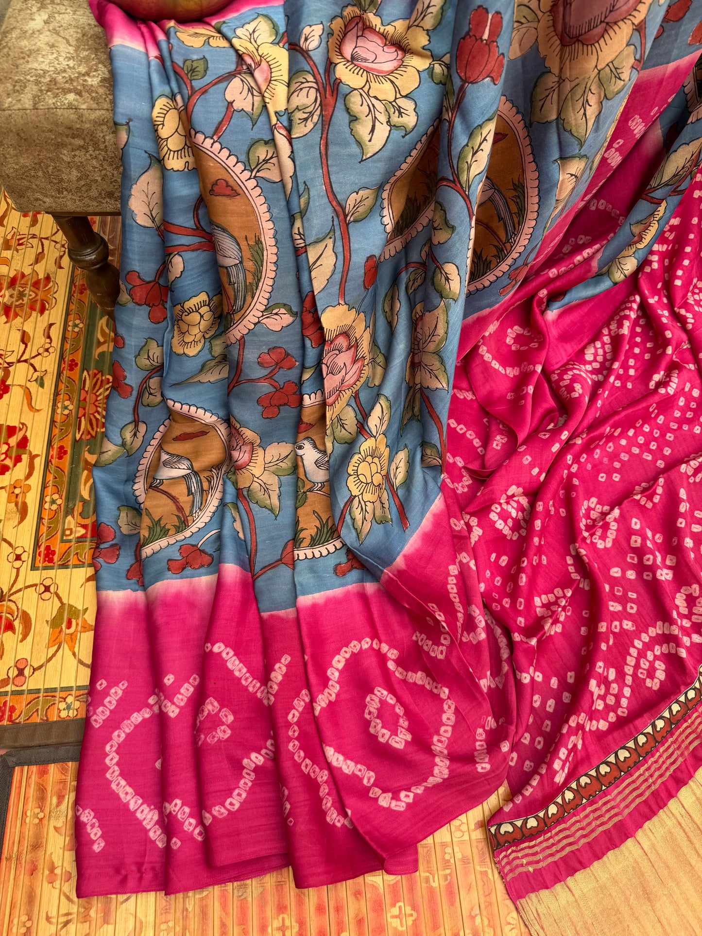 Modal silk bandini with penkalamkari saree