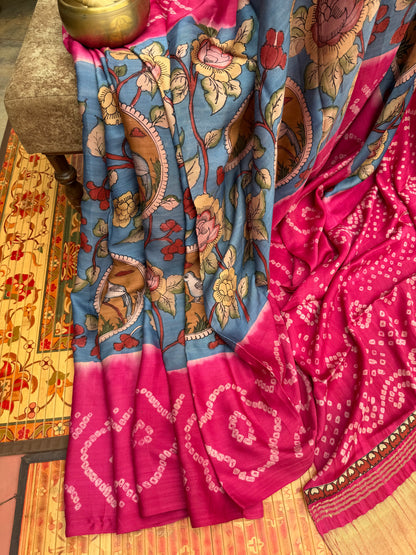 Modal silk bandini with penkalamkari saree