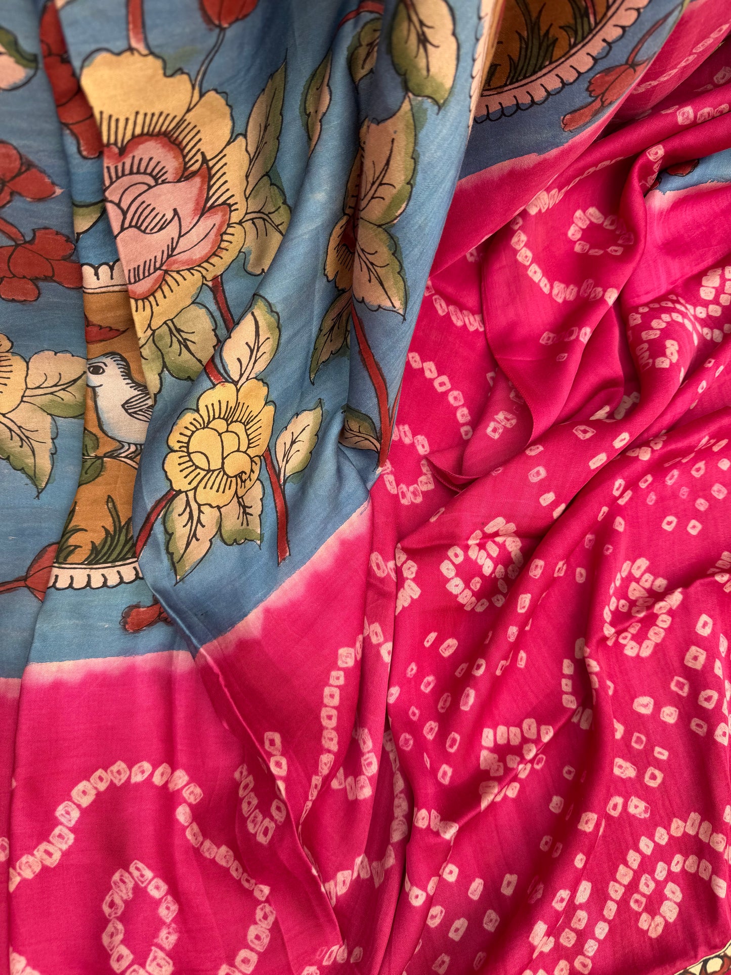 Modal silk bandini with penkalamkari saree