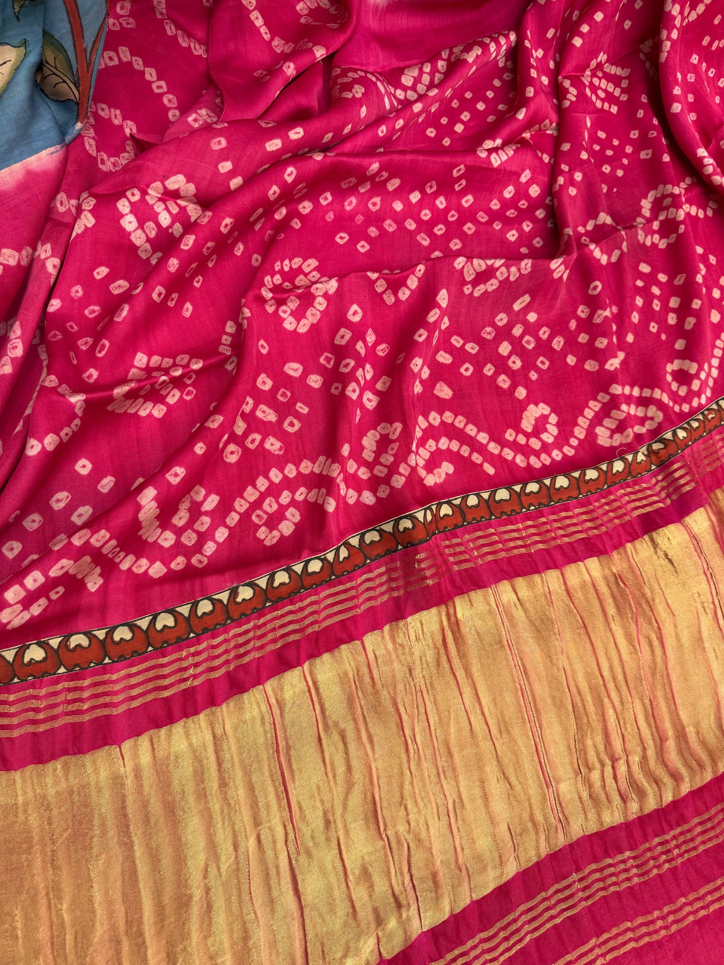 Modal silk bandini with penkalamkari saree