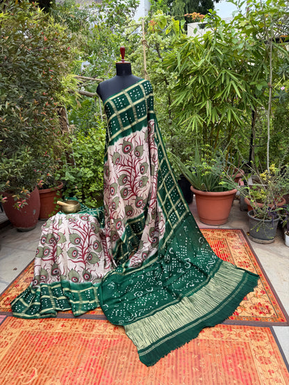 Modal silk bandini with penkalamkari saree
