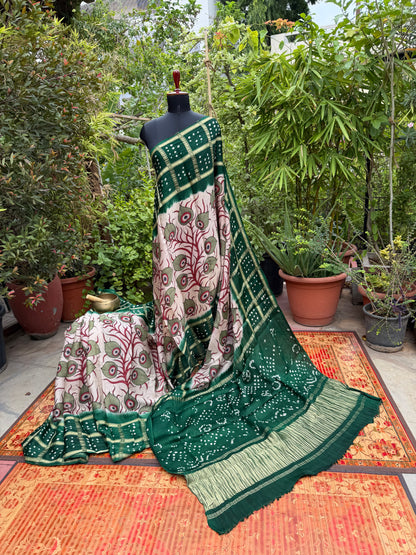 Modal silk bandini with penkalamkari saree