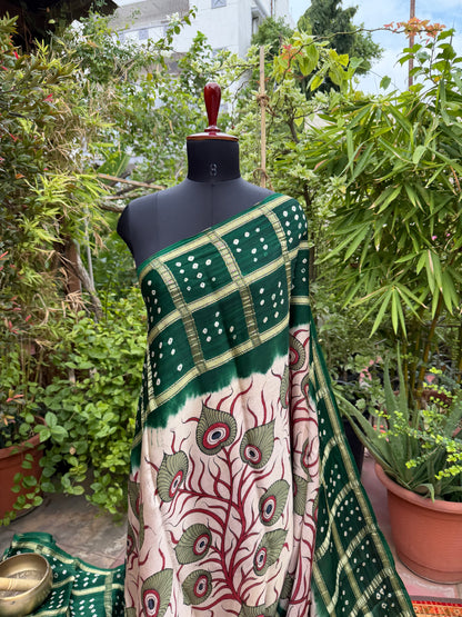 Modal silk bandini with penkalamkari saree
