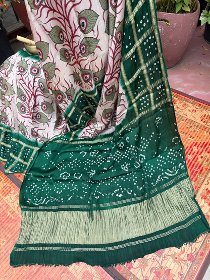 Modal silk bandini with penkalamkari saree