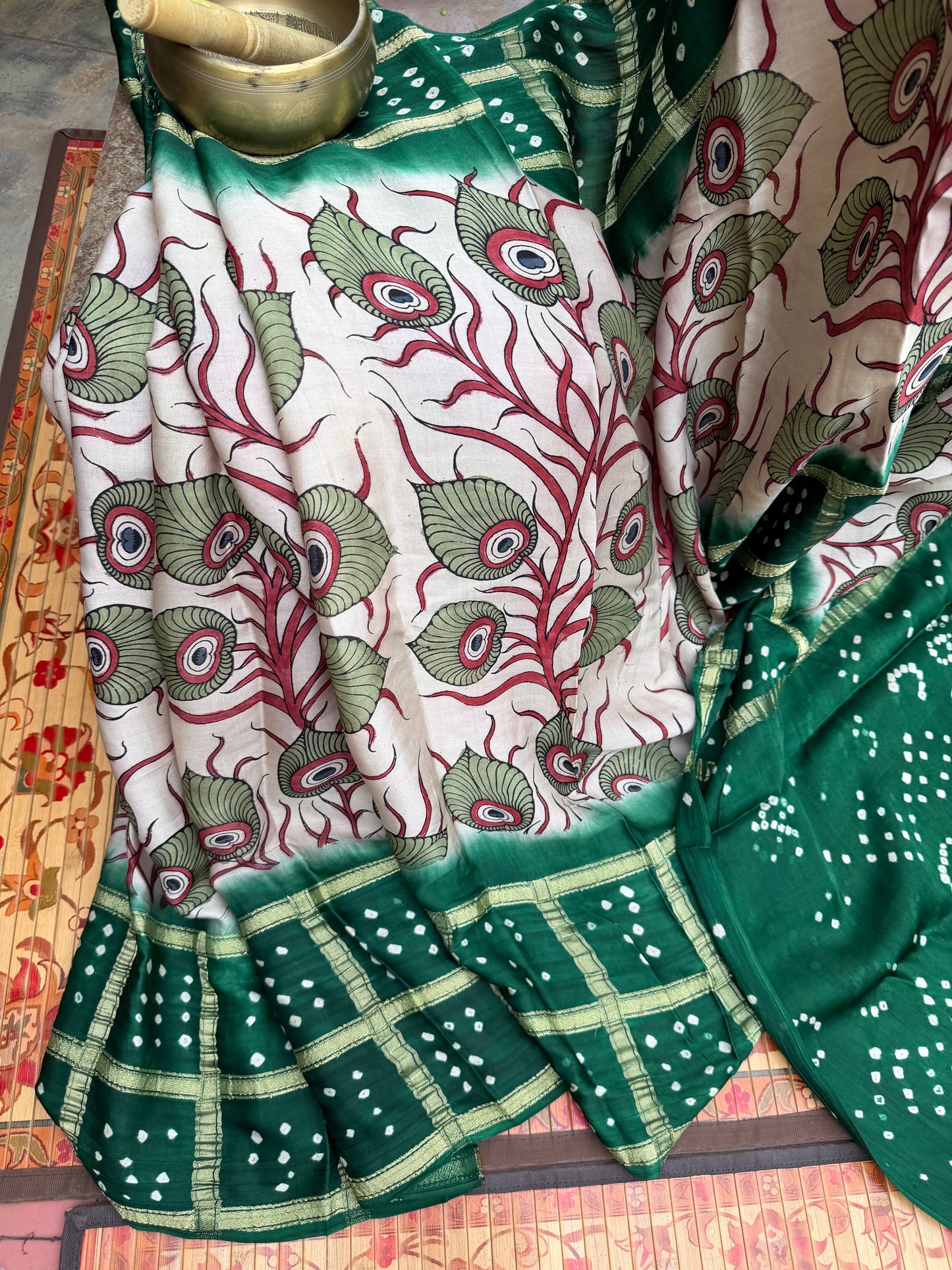 Modal silk bandini with penkalamkari saree