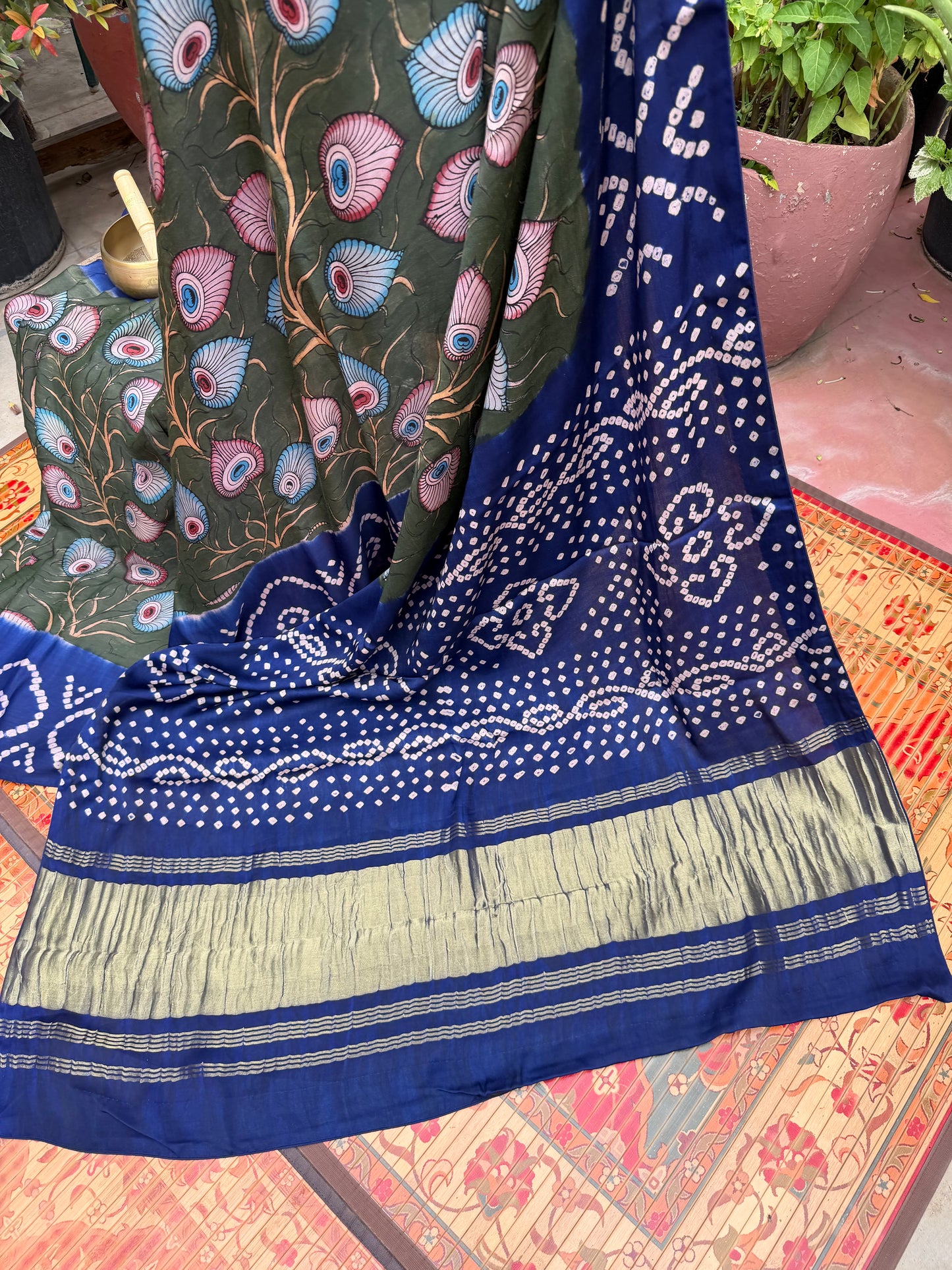 Modal silk bandini with penkalamkari saree