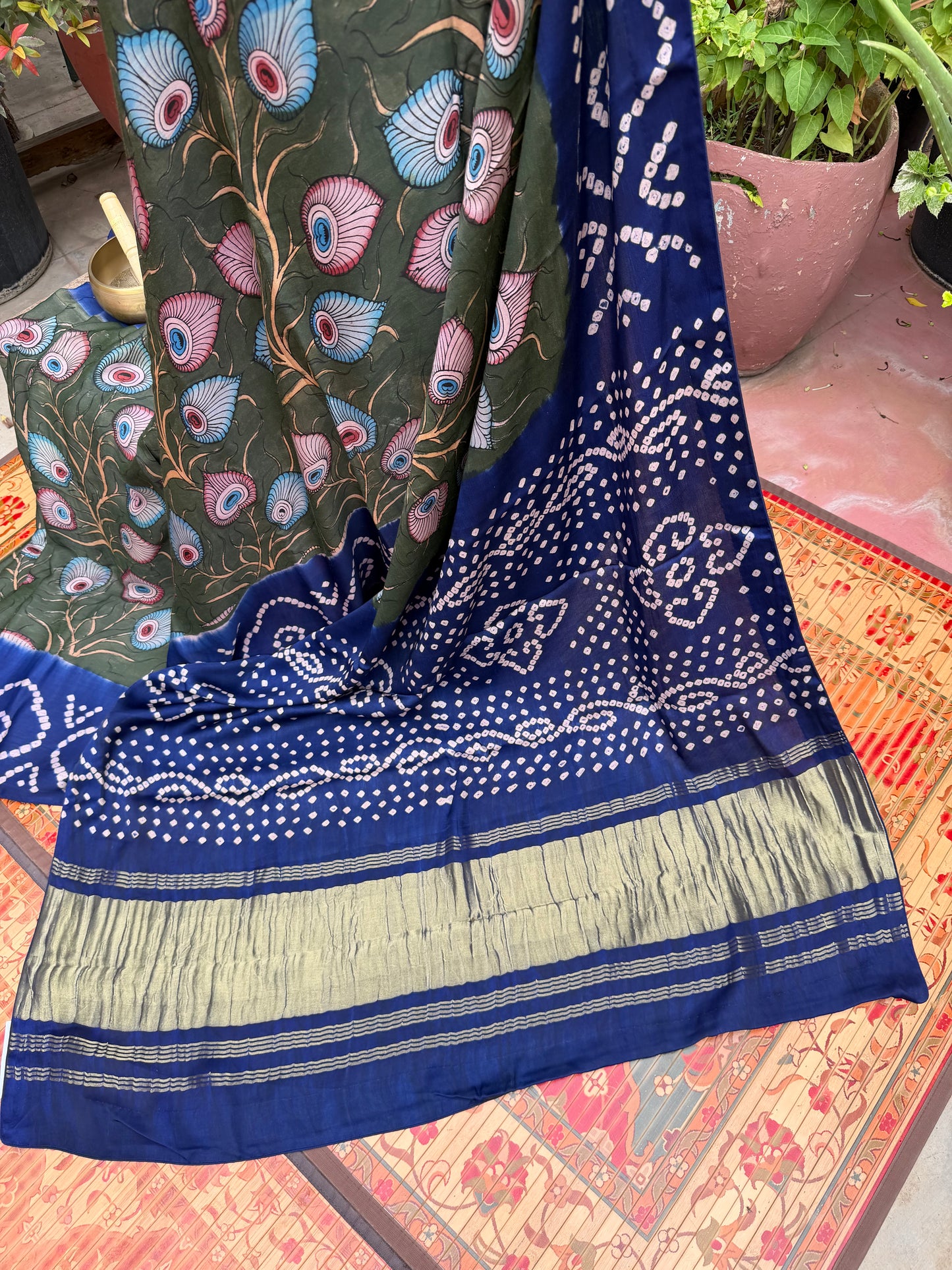 Modal silk bandini with penkalamkari saree