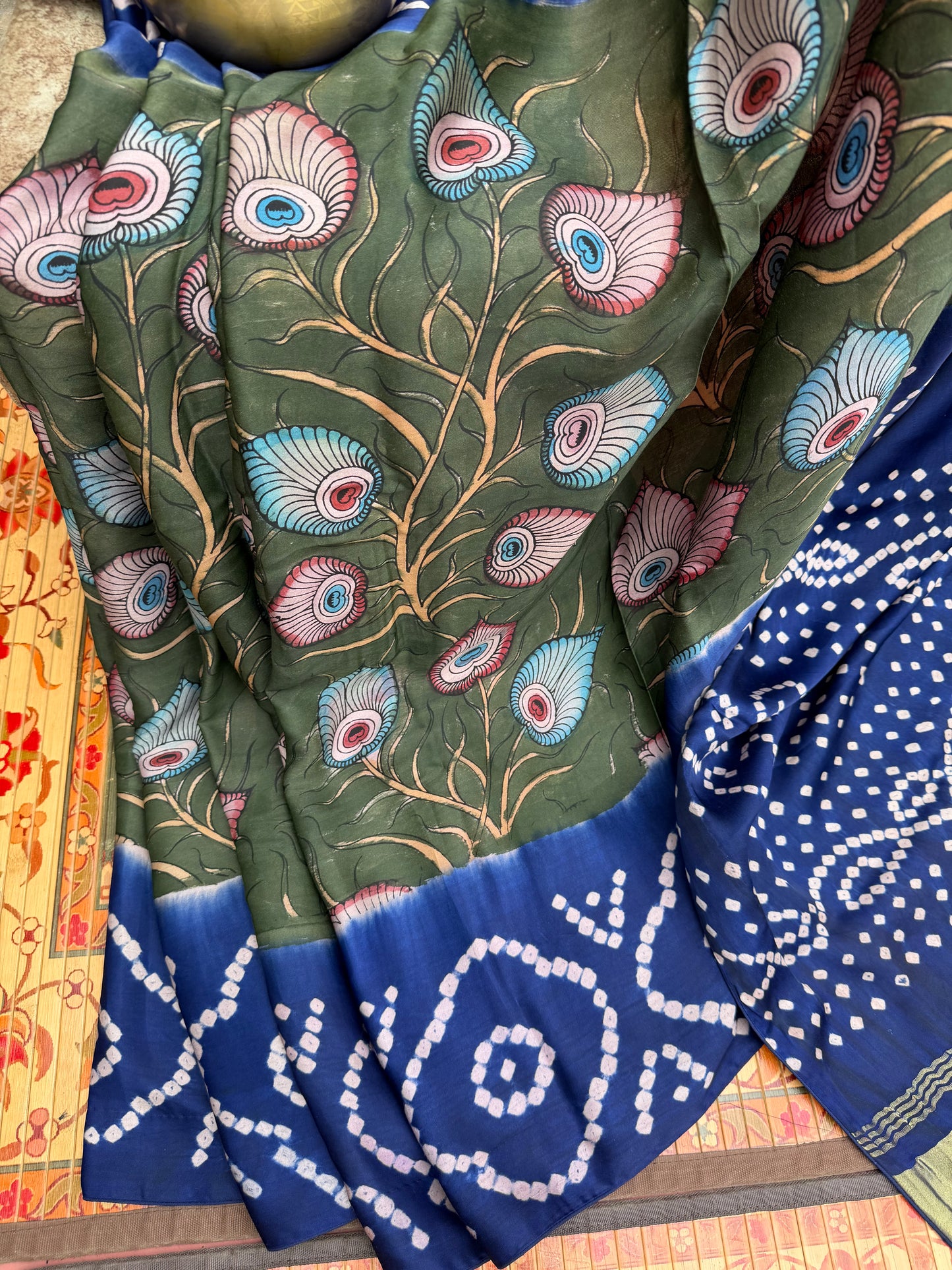 Modal silk bandini with penkalamkari saree