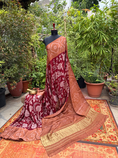 Modal silk bandini with penkalamkari saree