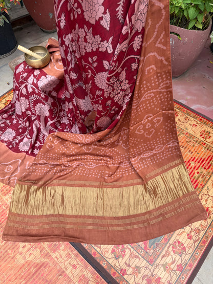 Modal silk bandini with penkalamkari saree
