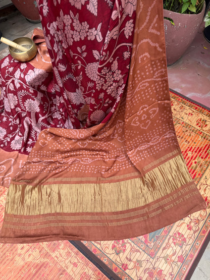 Modal silk bandini with penkalamkari saree