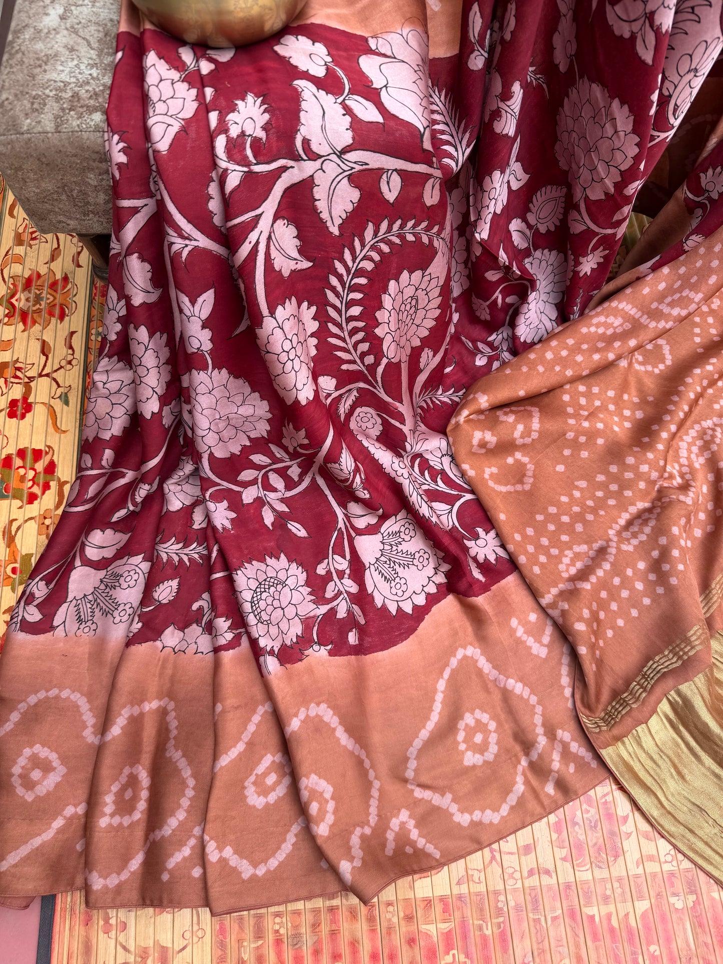 Modal silk bandini with penkalamkari saree