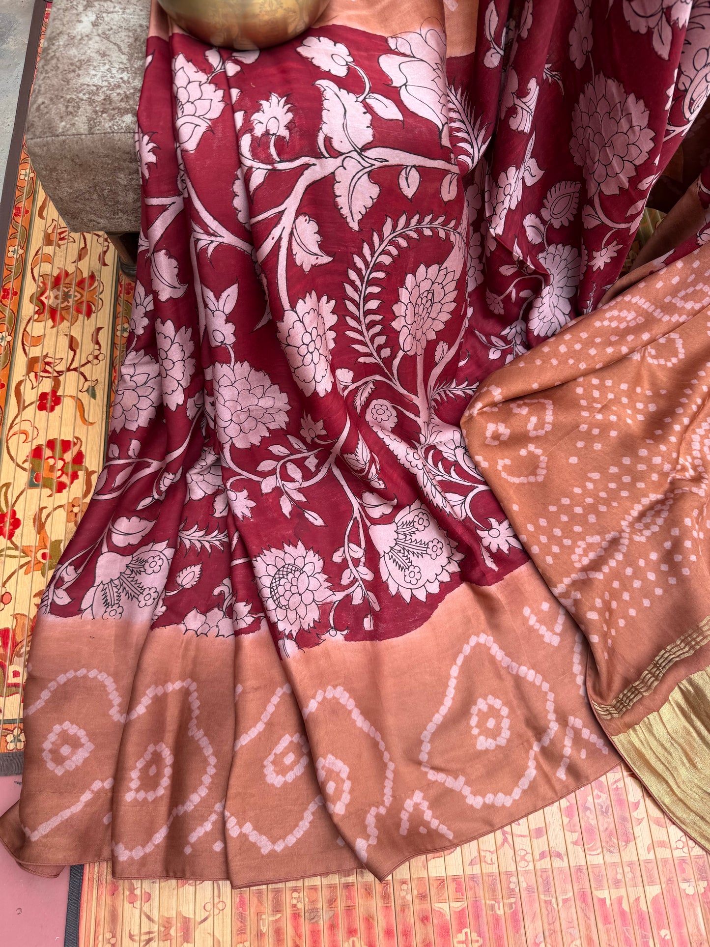 Modal silk bandini with penkalamkari saree