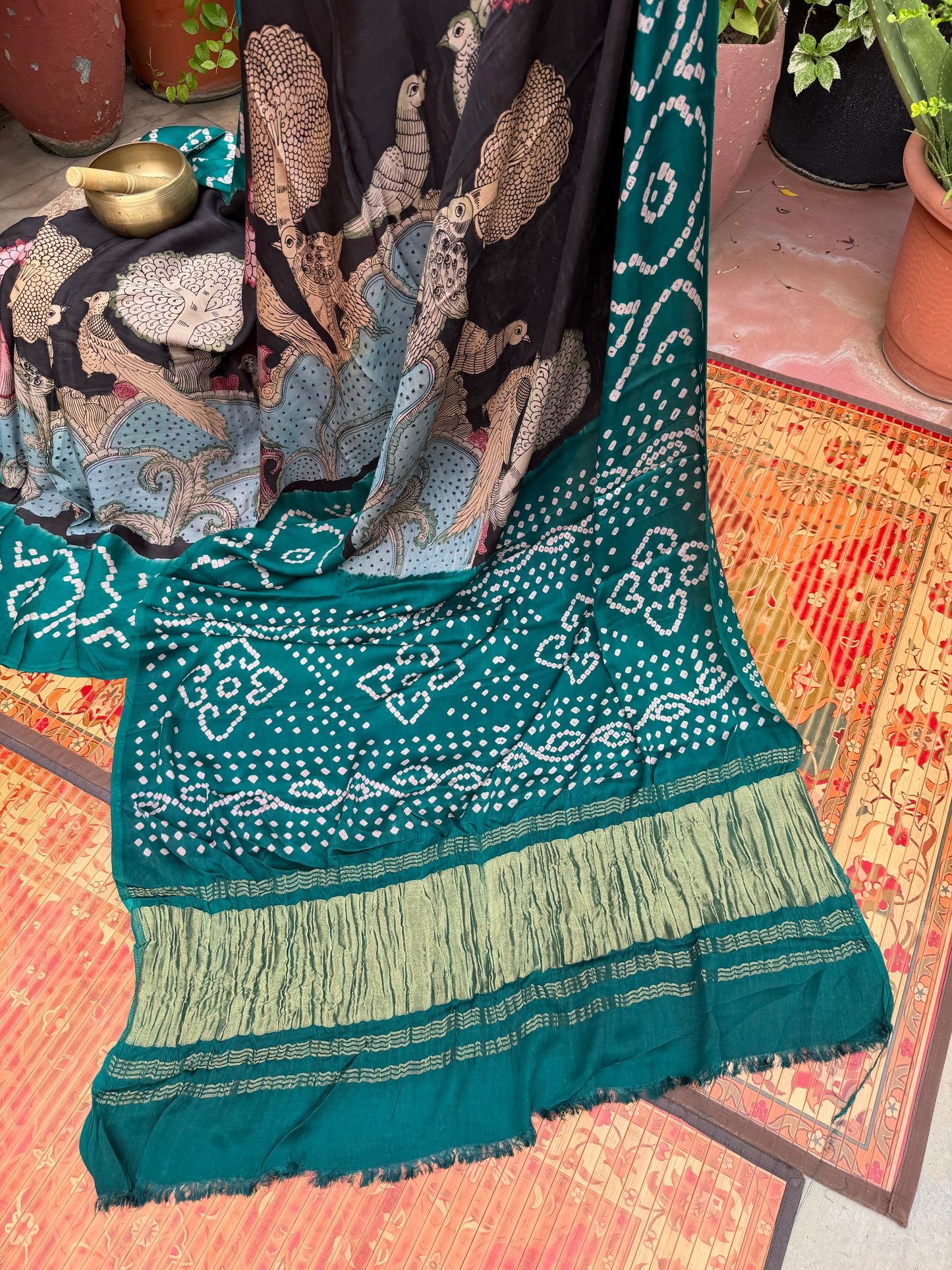 Modal silk bandini with penkalamkari saree