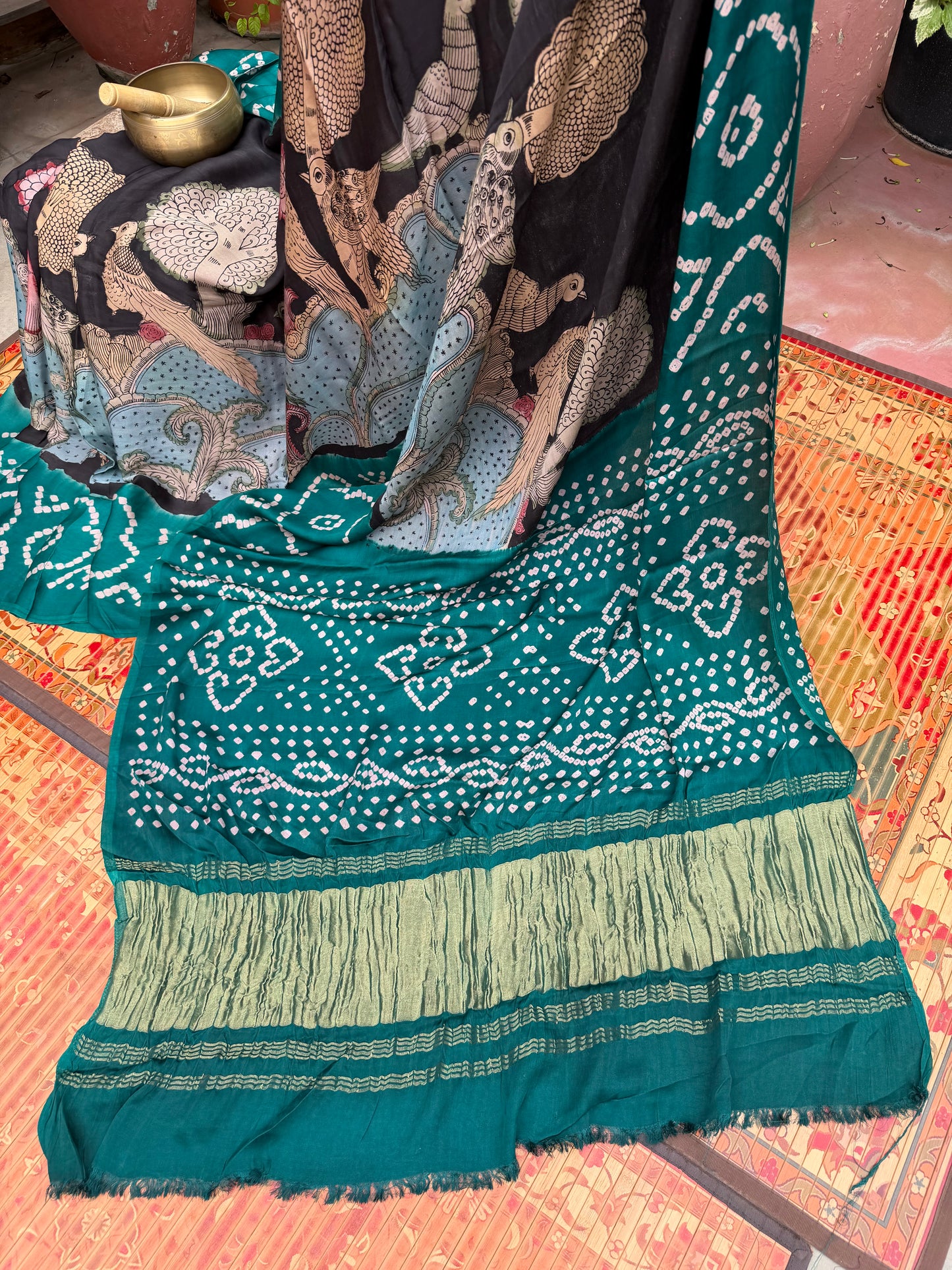 Modal silk bandini with penkalamkari saree