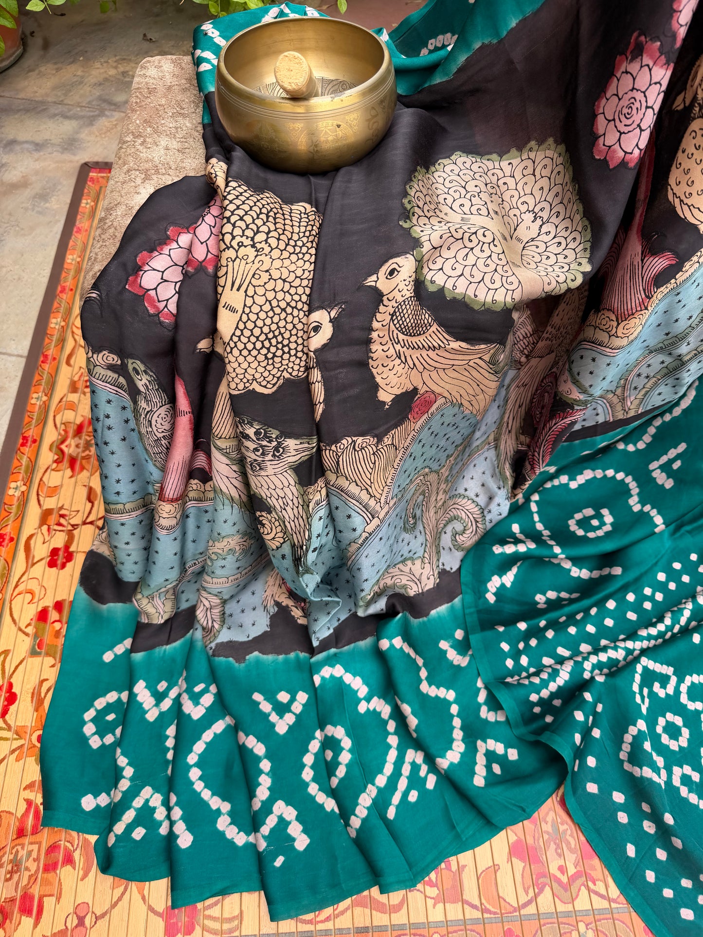 Modal silk bandini with penkalamkari saree