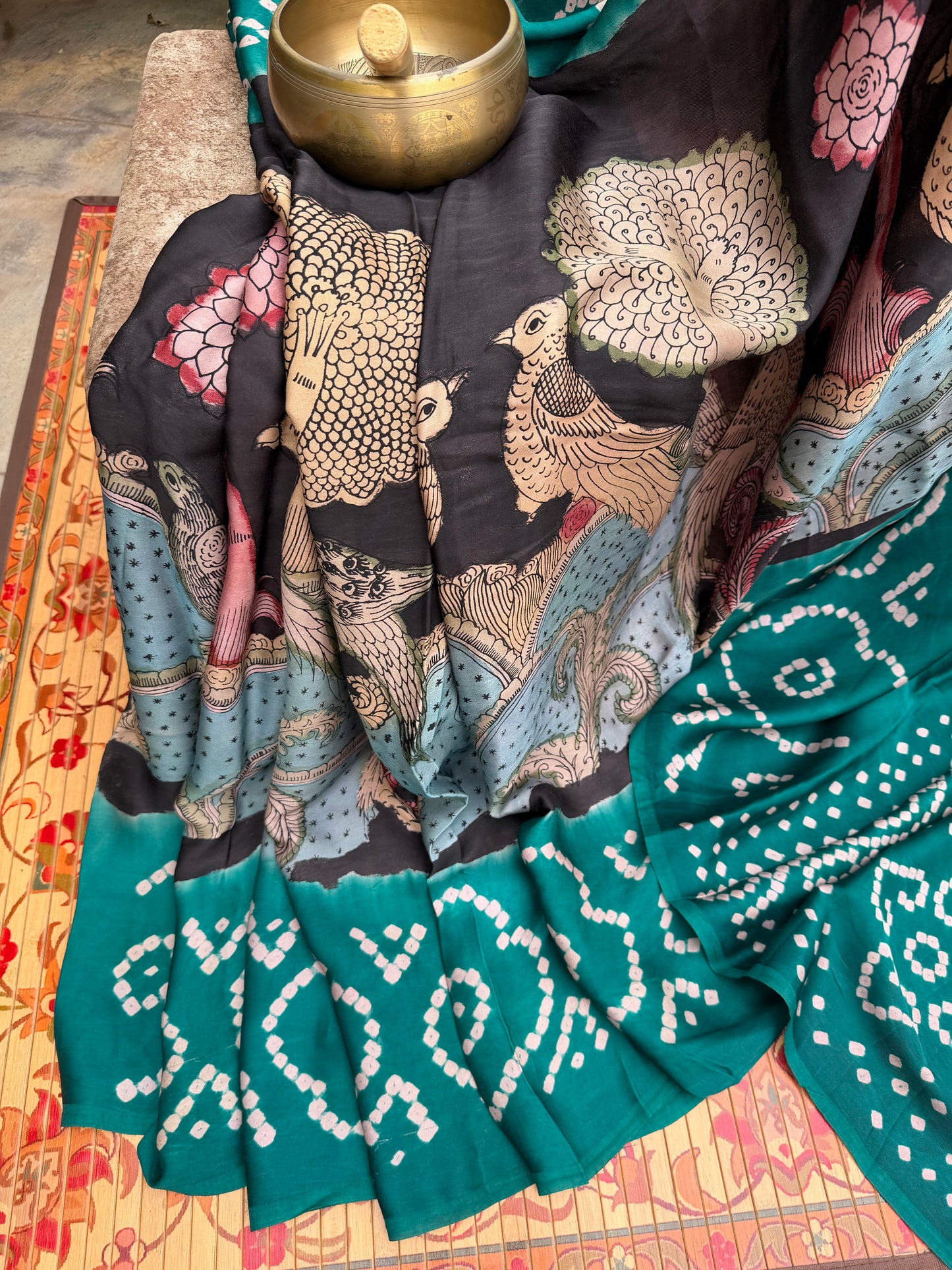 Modal silk bandini with penkalamkari saree