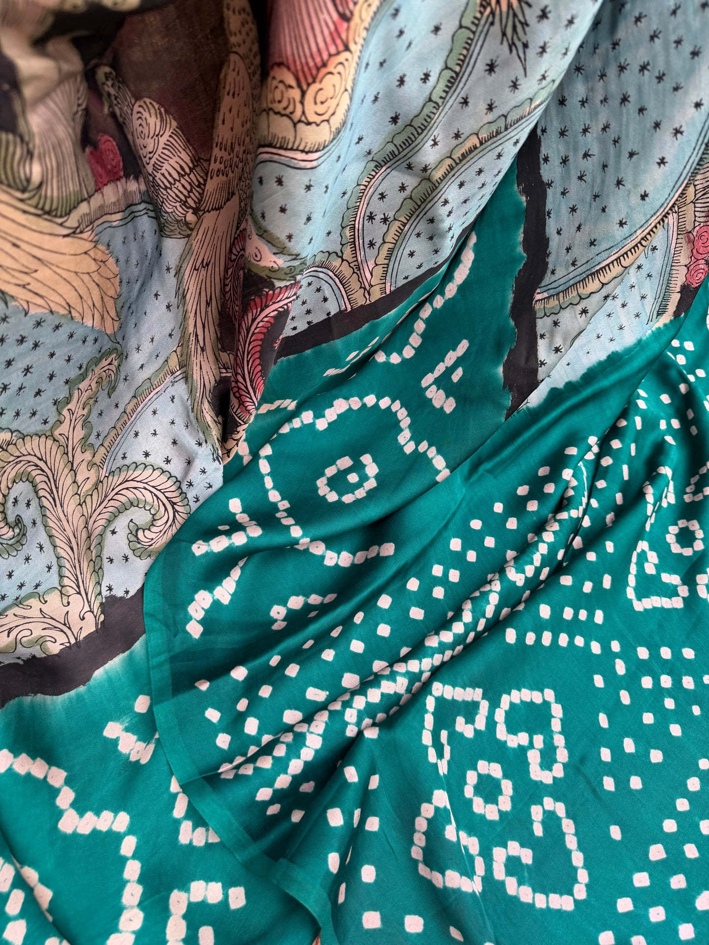 Modal silk bandini with penkalamkari saree